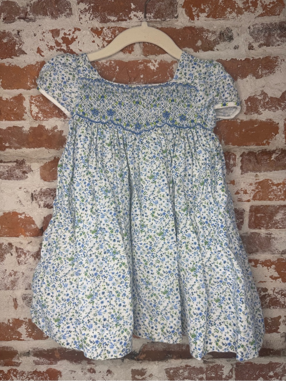 Luli & Me Blue Floral Smocked Dress 24M Button Back Cap Sleeve